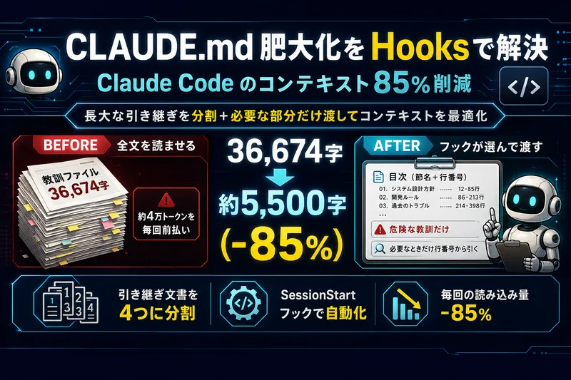 CLAUDE.md 肥大化を Hooks で解決 — Claude Code のコンテキスト85%削減