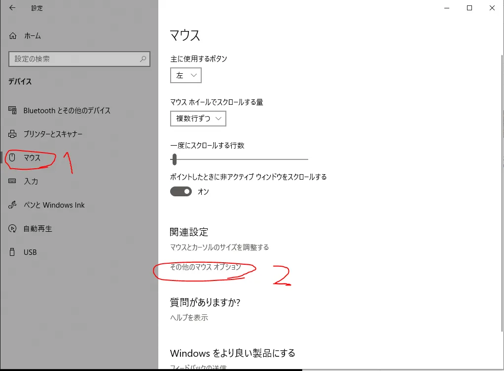デバイス設定の「マウス」から「その他のマウス オプション」を開く