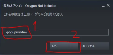 起動オプションの入力欄に -popupwindow と入力する